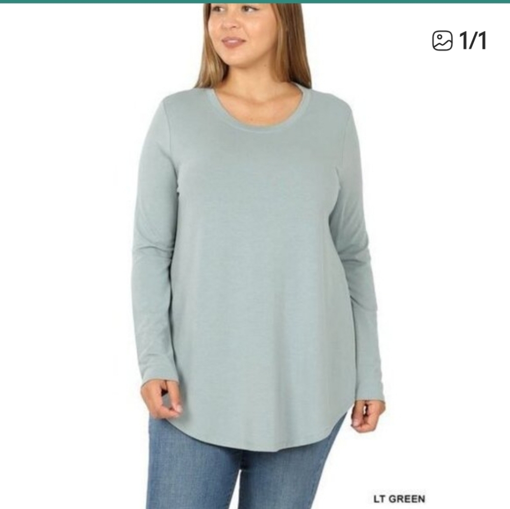 Zenana Premium Light Green Crew Neck Long Sleeve Tunic Top Curved Hem Size 2X